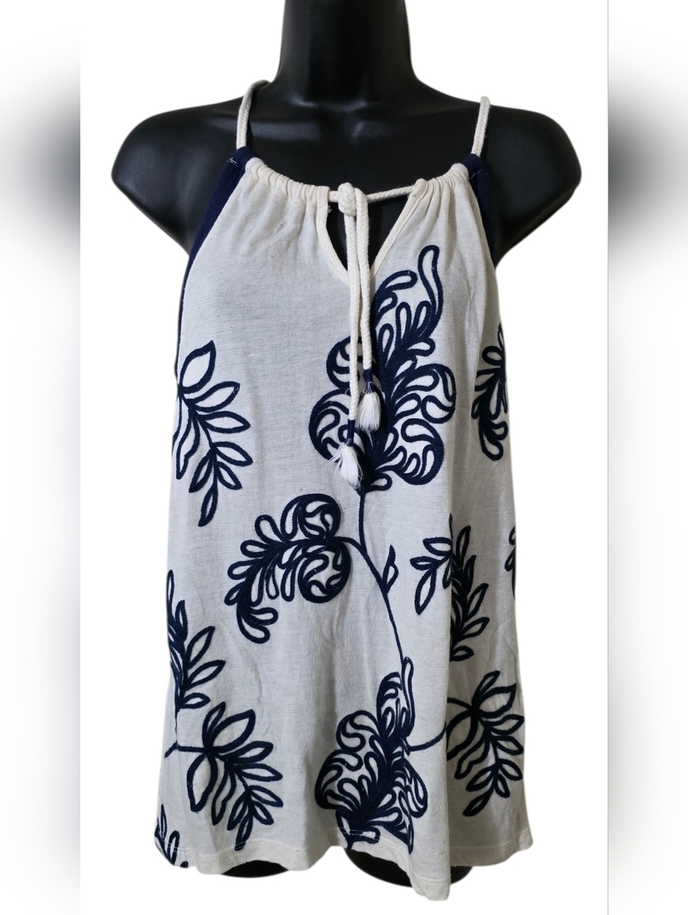 Lucky Brand White and Navy Embroidered Rope-Shoulder Tank